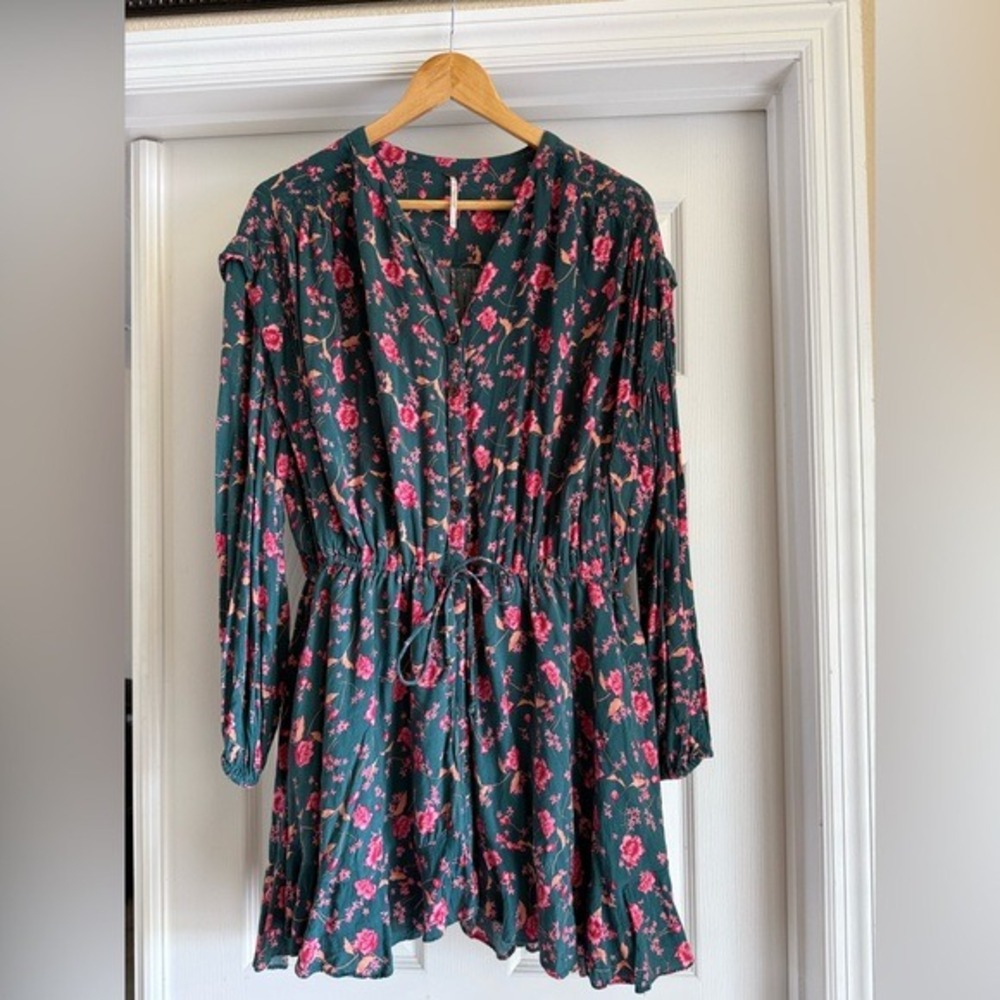 Free People Mini Dress Women Small Teal Pink Floral Button Front Boho Drawstring - Picture 1 of 4